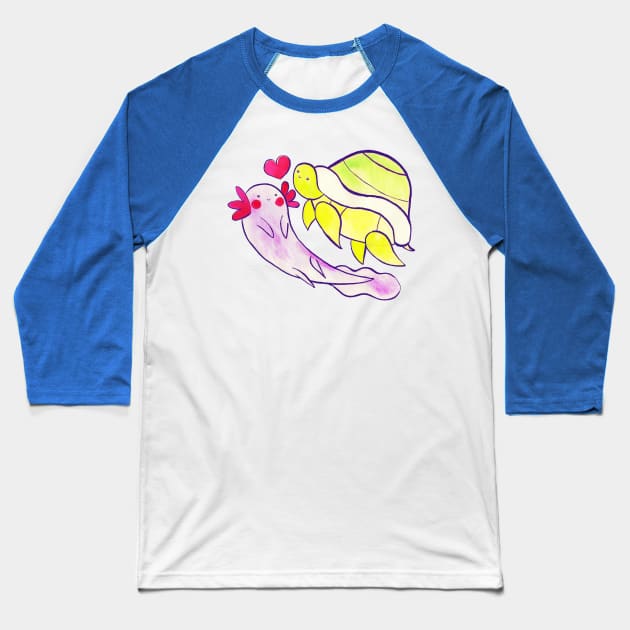 Turtle Axolotl Love Baseball T-Shirt by saradaboru